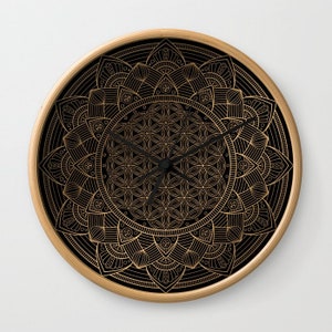 The Flower of Life Black Gold Mandala Clock, Mandala Wall Clock, The Flower of Life Clock, Modern Wall Clock, Bohemian Clock, Elegant Clock