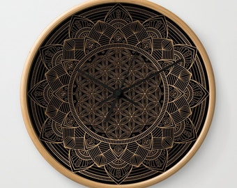 The Flower of Life Black Gold Mandala Clock, Mandala Wall Clock, The Flower of Life Clock, Modern Wall Clock, Bohemian Clock, Elegant Clock