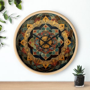 May include: A round wall clock with a mandala design featuring intricate details in shades of blue, gold, and red. The clock has a wooden frame and black clock hands.