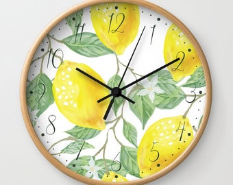 Lemons and Leaves Watercolor Clock, The Branches Of A Lemon Tree, Watercolor Lemon Tree Wall Clock, Lemon Wall Clock Numbered Classic Design