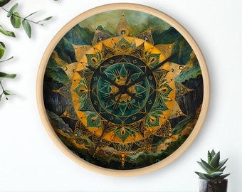 Celestial Echoes: The Meditative Mandala Art Wall Clock • Modern Mandala Wall Clock • Mandala Clock •Luxury Mandala On Dark Green Wall Clock