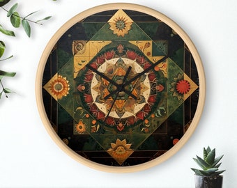Sunlit Scripts and Verdant Visions: Ethnic Mandala Wall Clock • Modern Mandala Wall Clock • Mandala Wall Clock • Luxury Mandala Wall Clock
