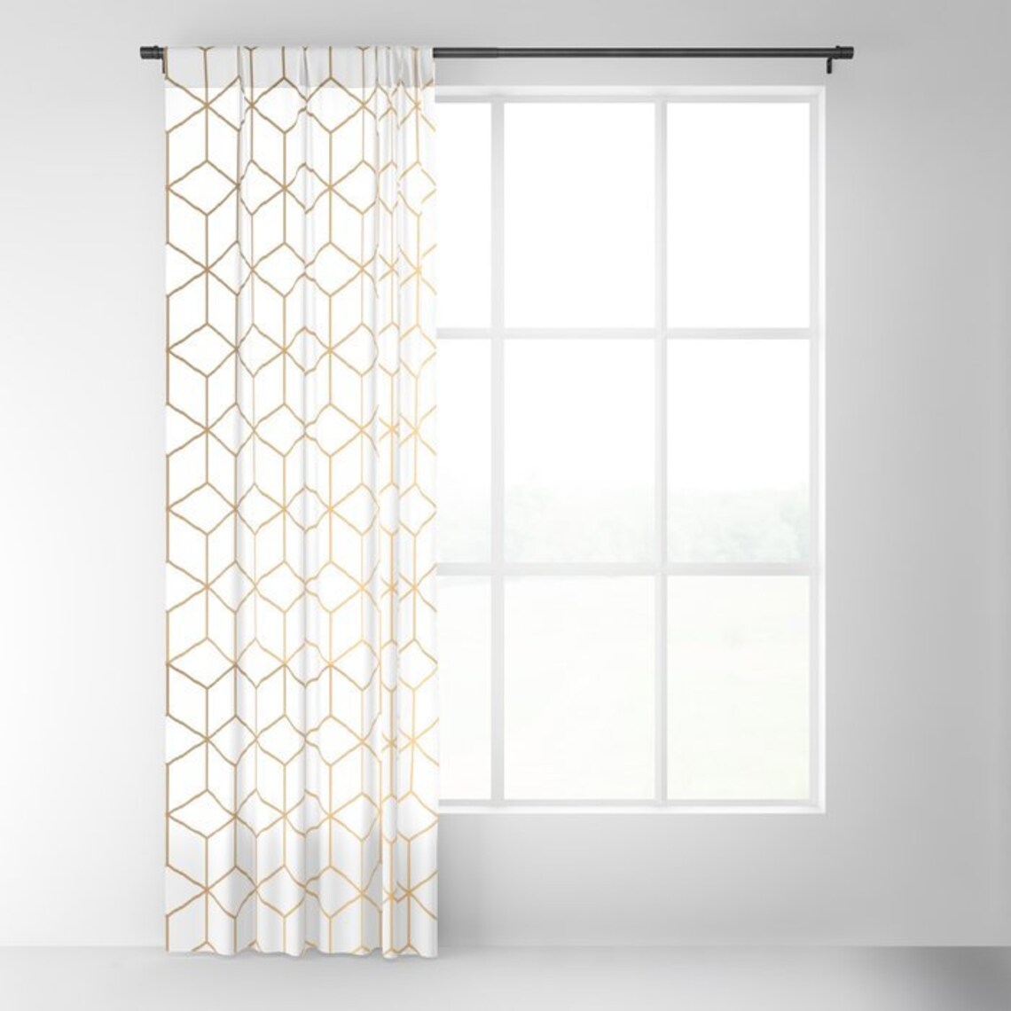 Gold Geometric Pattern on White Background Window Curtains, Bohemian Curtains, Gold Window