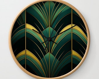 Luxurious Aesthetic Teal Gold Vintage Art Deco Wall Clock, Gatsby Pattern Glamour Wall Clock, Modern Wall Clock, Dark Green Gold Wall Clock