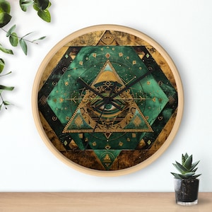 May include: A green and gold clock with an all-seeing eye design. The clock face is surrounded by a geometric pattern of triangles and squares. The clock hands are black.