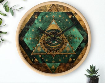 Sinfonia del Cosmo: Orologio da parete Occhio che tutto vede • Orologio da parete Geometria Sacra • Piramide mistica • Occhio della saggezza su orologio da parete verde scuro