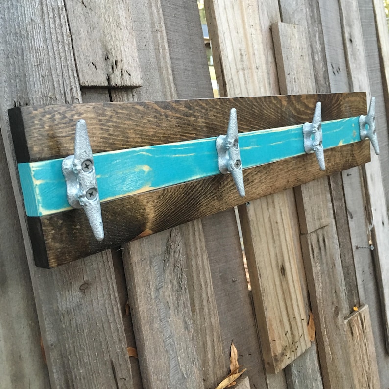 Boat Cleat Coat Rack Distressed Teal and Dark Walnut, Book Bag Rack Hat Rack Nautical,Towel Rack Key Rack