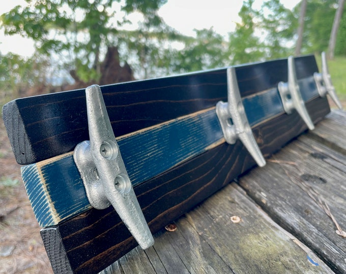 Walnut and Distressed Blue Boat Cleat Rack