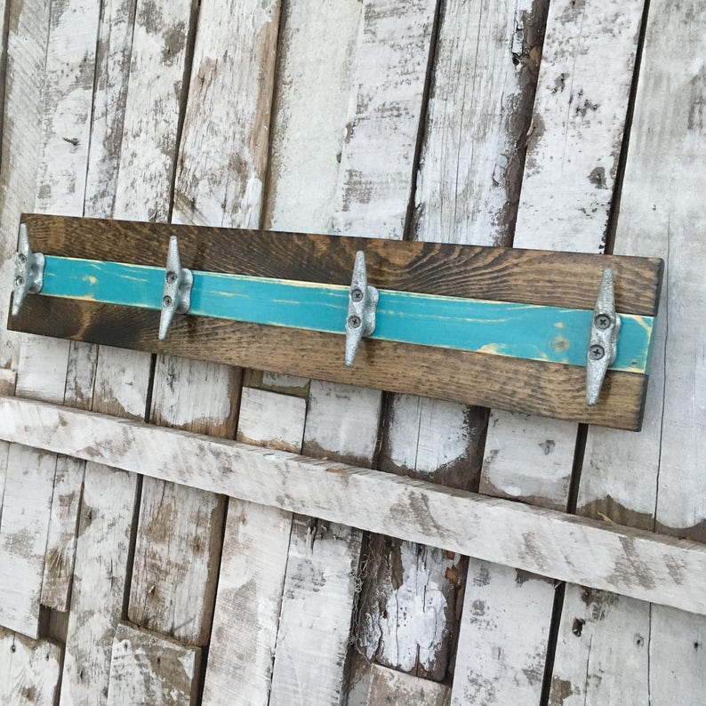 Boat Cleat Coat Rack Distressed Teal and Dark Walnut, Book Bag Rack Hat Rack Nautical,Towel Rack Key Rack