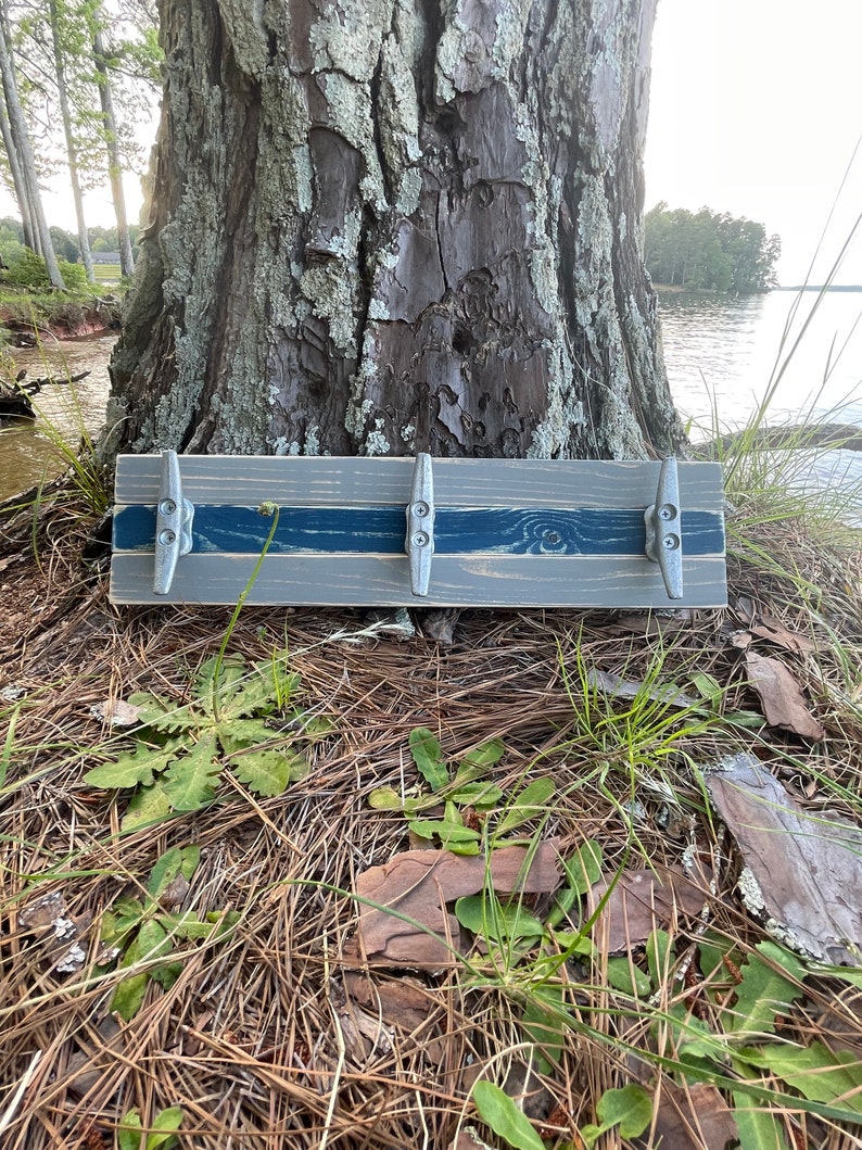 Boat Cleat Coat Rack, Nautical Towel Rack, Hat Rack, Book Bag Rack, Key Rack, Distressed Gray and Blue image 8