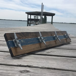 Margaritaville Boat Cleat Coat Rack, Boat Cleat Towel Rack, Nautical Towel Rack, Book Bag Rack, Key Rack, Walnut and Distressed Blue
