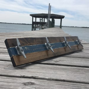 Boat Cleat Coat Rack, Boat Cleat Towel Rack, Nautical Towel Rack, Hat Rack, Book Bag Rack, Key Rack, Walnut and Distressed Blue, towel racks