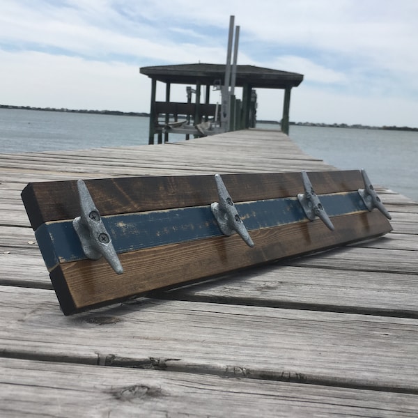 Boat Cleat Coat Rack, Boat Cleat Towel Rack, Nautical Towel Rack, Hat Rack, Book Bag Rack, Key Rack, Walnut and Distressed Blue, storage