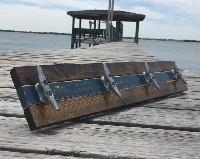 Walnut and Distressed Blue Boat Cleat Rack