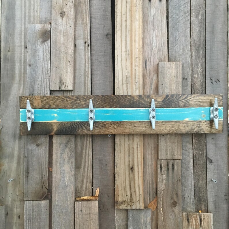 Boat Cleat Coat Rack Distressed Teal and Dark Walnut, Book Bag Rack Hat Rack Nautical,Towel Rack Key Rack