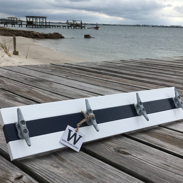 Boat Cleat Coat Rack: Nautical Navy & White Towel Rack