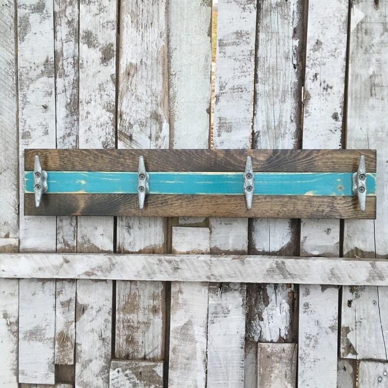 Boat Cleat Coat Rack Distressed Teal and Dark Walnut, Book Bag Rack Hat Rack Nautical,Towel Rack Key Rack