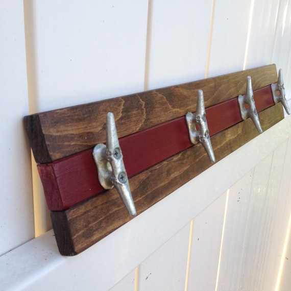 Walnut and Distressed Blue or Hat Rack Towel Rack Nautical Boat Cleat Coat Rack