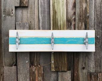 Distressed White & Teal Boat Cleat Rack: Nautical Coat Rack