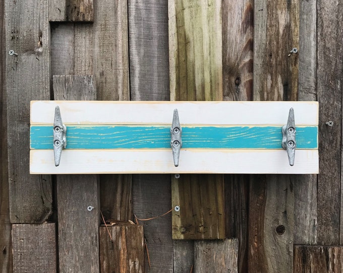 Boat Cleat Coat Rack, Nautical Towel Rack, Hat Rack, Book Bag Rack, or Key Rack, Distressed White and Teal