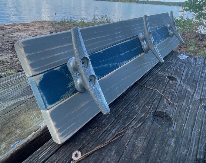 Boat Cleat Coat Rack, Nautical Towel Rack, Hat Rack, Book Bag Rack, Key Rack, Distressed Gray and Blue