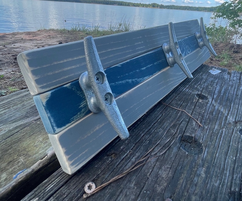 Boat Cleat Coat Rack, Nautical Towel Rack, Hat Rack, Book Bag Rack, Key Rack, Distressed Gray and Blue image 1