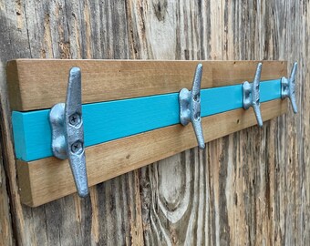 Boat Cleat Coat Rack, Nautical Towel Rack, Hat Rack, Book Bag Rack, Key Rack, Teal and Natural Pine,