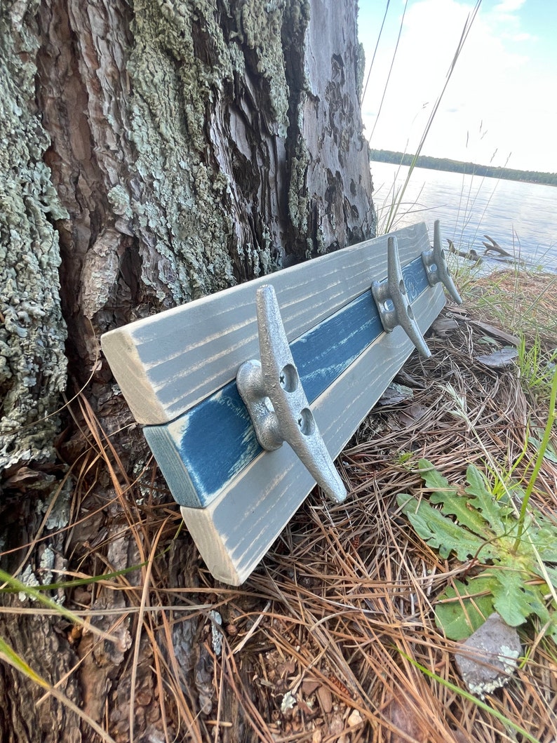 Boat Cleat Coat Rack, Nautical Towel Rack, Hat Rack, Book Bag Rack, Key Rack, Distressed Gray and Blue image 2