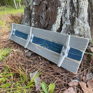 Boat Cleat Coat Rack, Nautical Towel Rack, Hat Rack, Book Bag Rack, Key Rack, Distressed Gray and Blue image 3