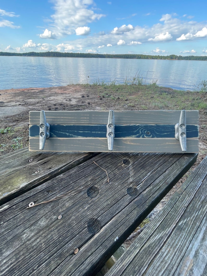 Boat Cleat Coat Rack, Nautical Towel Rack, Hat Rack, Book Bag Rack, Key Rack, Distressed Gray and Blue image 5