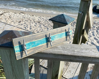 Boat Cleat Coat Rack, Boat Cleat Towel Rack, Nautical Towel Rack, Hat Rack, Book Bag Rack, or Key Rack, Distressed Gray and Teal