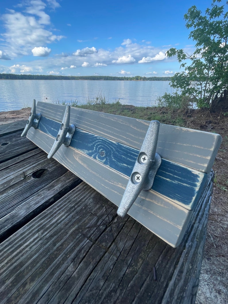 Boat Cleat Coat Rack, Nautical Towel Rack, Hat Rack, Book Bag Rack, Key Rack, Distressed Gray and Blue image 9