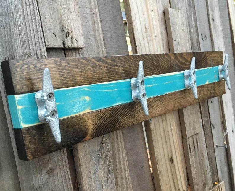 Boat Cleat Coat Rack Distressed Teal and Dark Walnut, Book Bag Rack Hat Rack Nautical,Towel Rack Key Rack