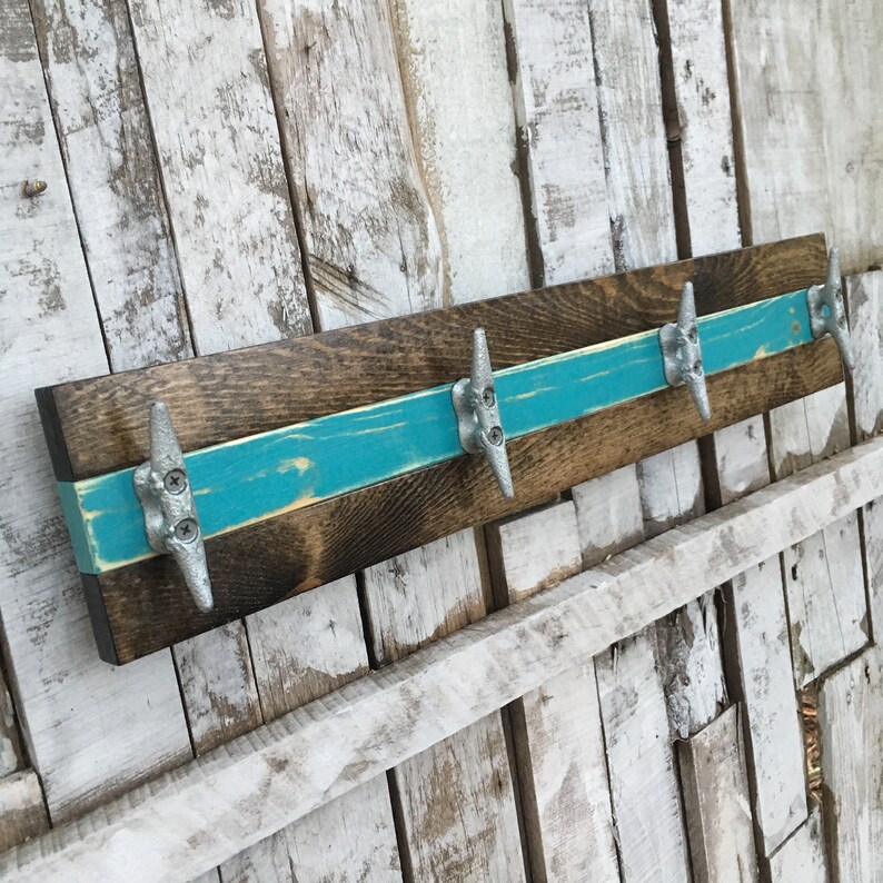 Boat Cleat Coat Rack Distressed Teal and Dark Walnut, Book Bag Rack Hat Rack Nautical,Towel Rack Key Rack