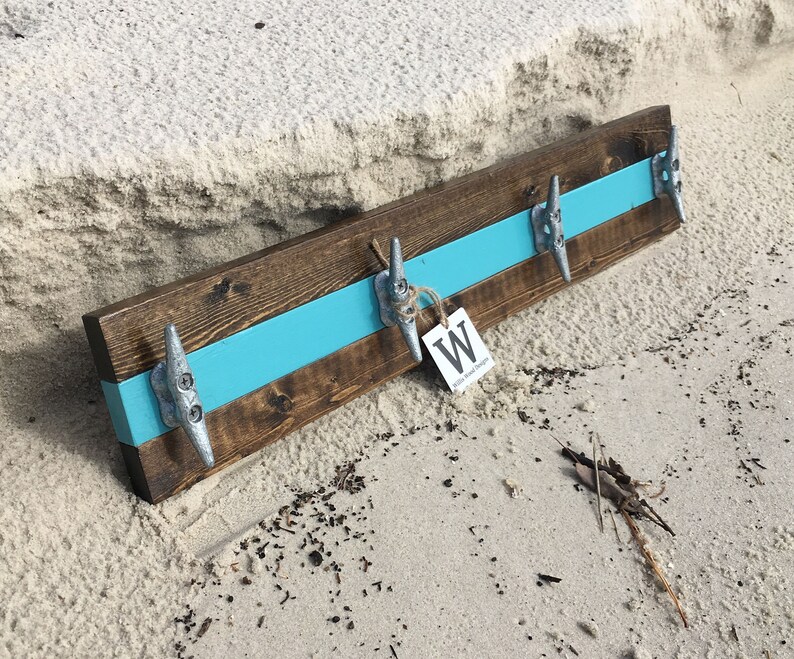 Boat Cleat Coat Rack Distressed Teal and Dark Walnut, Book Bag Rack Hat Rack Nautical,Towel Rack Key Rack