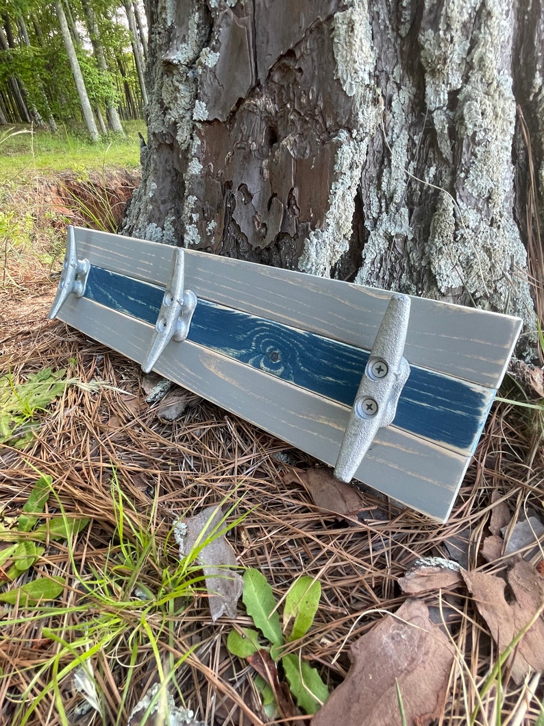 Boat Cleat Coat Rack, Nautical Towel Rack, Hat Rack, Book Bag Rack, Key Rack, Distressed Gray and Blue image 7