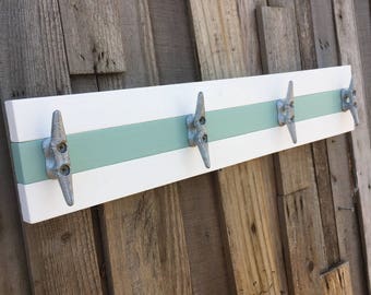 Boat Cleat Coat Rack, Boat Cleat Towel Rack, Book Bag Rack, Hat Rack, Nautical Decor, Coastal Decor, White and Sea Glass