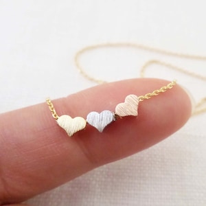 Tiny 3 hearts necklaces, gold, silver, and rose gold hearts on gold, rose gold, silver chain...dainty, simple, birthday, wedding, bridesmaid image 1