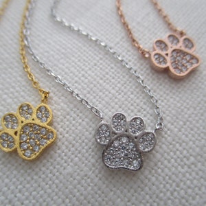 Tiny Gold, Rose gold, Silver Paw Print necklace with cubic zirconia ..dainty and simple, paw necklace, animal lover gift, dog lover necklace image 6