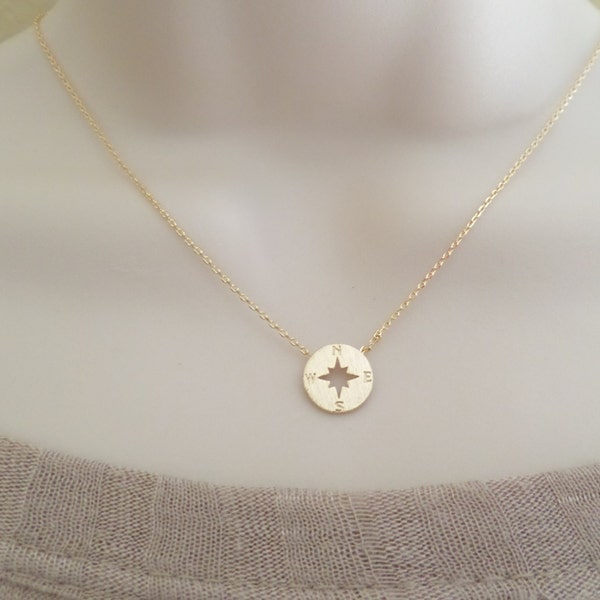Tiny gold, silver or rose gold compass necklace, gold, silver or rose gold circle disk necklace, compass necklace