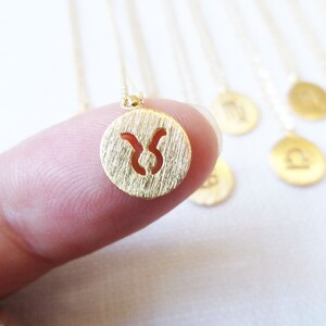 Gold Zodiac Necklace, Gold Disc with Zodiac Signs Cut out, Personalized Necklace, Horoscope Gold necklace, birthday, Astrology image 2