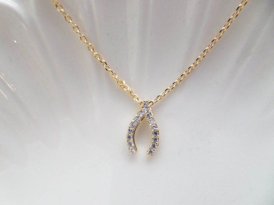 Tiny Gold Wishbone Necklace With Cubic Zirconia..dainty Necklace ...