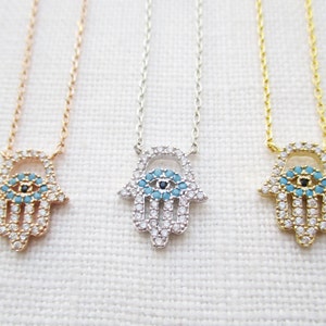 Tiny Gold, Rose gold or Silver plated hamsa hand necklace with CZ ...dainty and simple