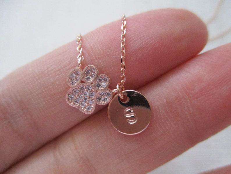 Tiny Gold, Rose gold, Silver Paw Print necklace with cubic zirconia ..dainty and simple, paw necklace, animal lover gift, dog lover necklace image 3