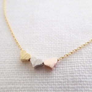 Tiny 3 hearts necklaces, gold, silver, and rose gold hearts on gold, rose gold, silver chain...dainty, simple, birthday, wedding, bridesmaid image 4