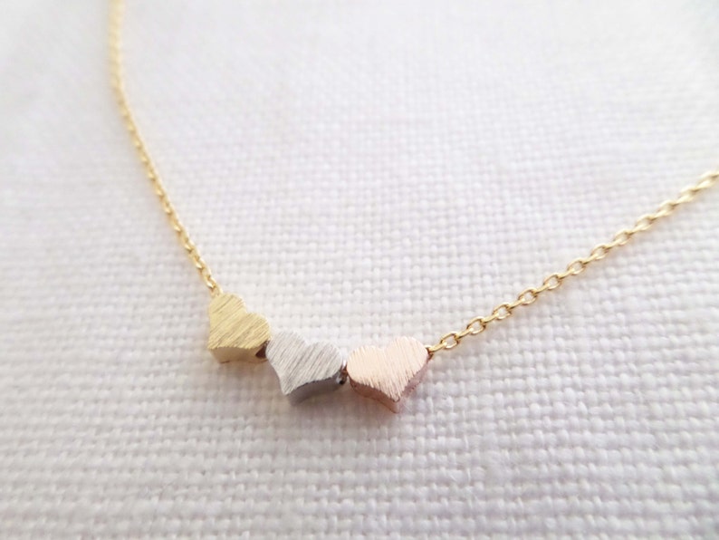 Tiny 3 hearts necklaces, gold, silver, and rose gold hearts on gold, rose gold, silver chain...dainty, simple, birthday, wedding, bridesmaid image 4