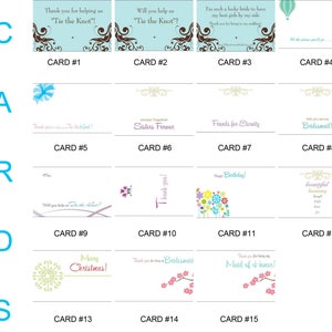 May include: A set of 15 printable cards with various designs and text. The cards are arranged in a grid with 5 rows and 3 columns. The cards feature designs such as flowers, hearts, and stars. The text on the cards includes phrases such as "Tie the Knot", "Sisters Forever", "Friends for Eternity", "Bridesmaid", "Thank you", "Happy Birthday", "Merry Christmas", "Bridesmaid", and "Maid of Honor".