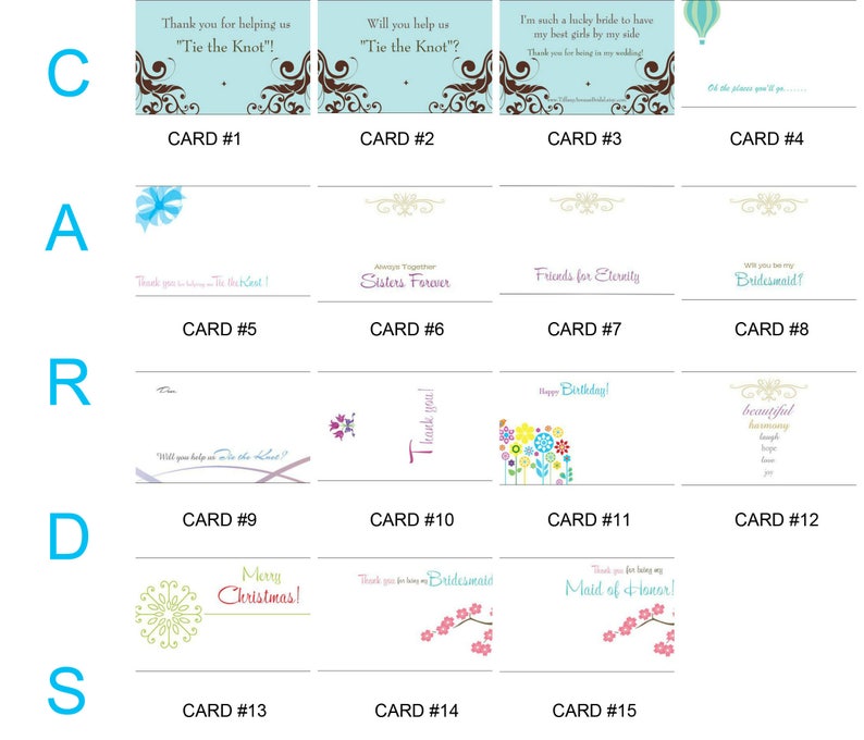 May include: A set of 15 printable cards with various designs and text. The cards are arranged in a grid with 5 rows and 3 columns. The cards feature designs such as flowers, hearts, and stars. The text on the cards includes phrases such as "Tie the Knot", "Sisters Forever", "Friends for Eternity", "Bridesmaid", "Thank you", "Happy Birthday", "Merry Christmas", "Bridesmaid", and "Maid of Honor".