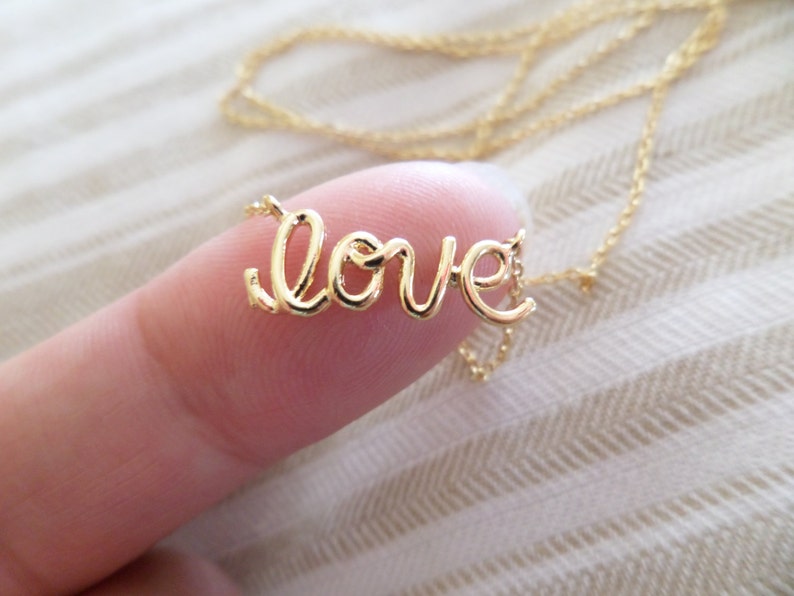 Gold, Rose Gold or Silver Love Necklace, Love Script Necklace, Cursive Writing Love Necklace, Letter Love Necklace, Wedding, Bridesmaid Gift Gold