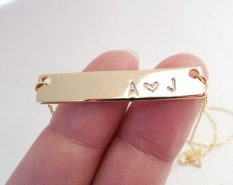 Gold, Silver or Rose Gold Bar necklace, Hand Stamped Personalized initial necklace, dainty, simple, birthday, wedding, bridesmaid